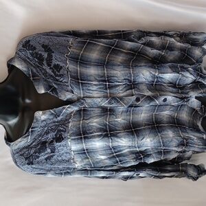 Hazel plaid blouse with lace detail, blue & gray
